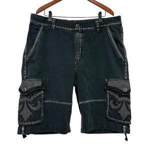 Affliction Black Premium Men's Cargo 12" Shorts Dark Gray Rivets Fleur De Lis 38